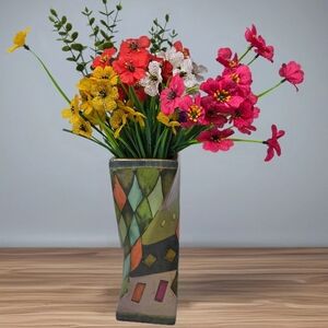 LaVie Modern Twisted Glass & Paper Art Vase 10x3.5 Blues, Green, Oranges Decor